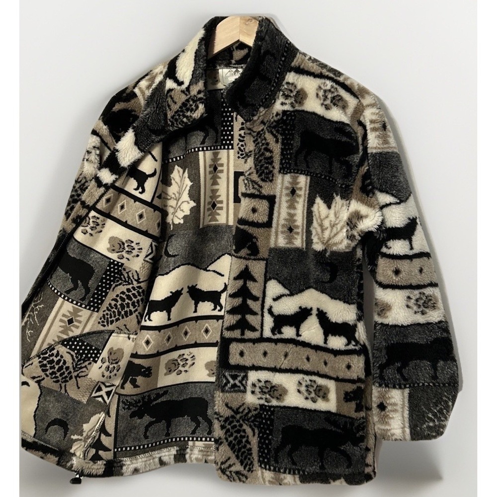 Women's Vintage Black Mountain All Over Wild Animal Fleece Jacket Small EC USA